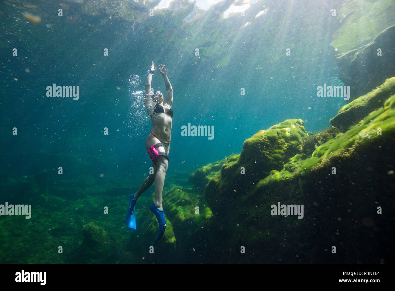 Unterwasseransicht der Frau im Bikini schnorcheln, Â CenoteÂ El Eden, Riviera Maya, Â PlayaÂ QuintanaÂ delÂ Carmen, Roo, Mexiko Stockfoto