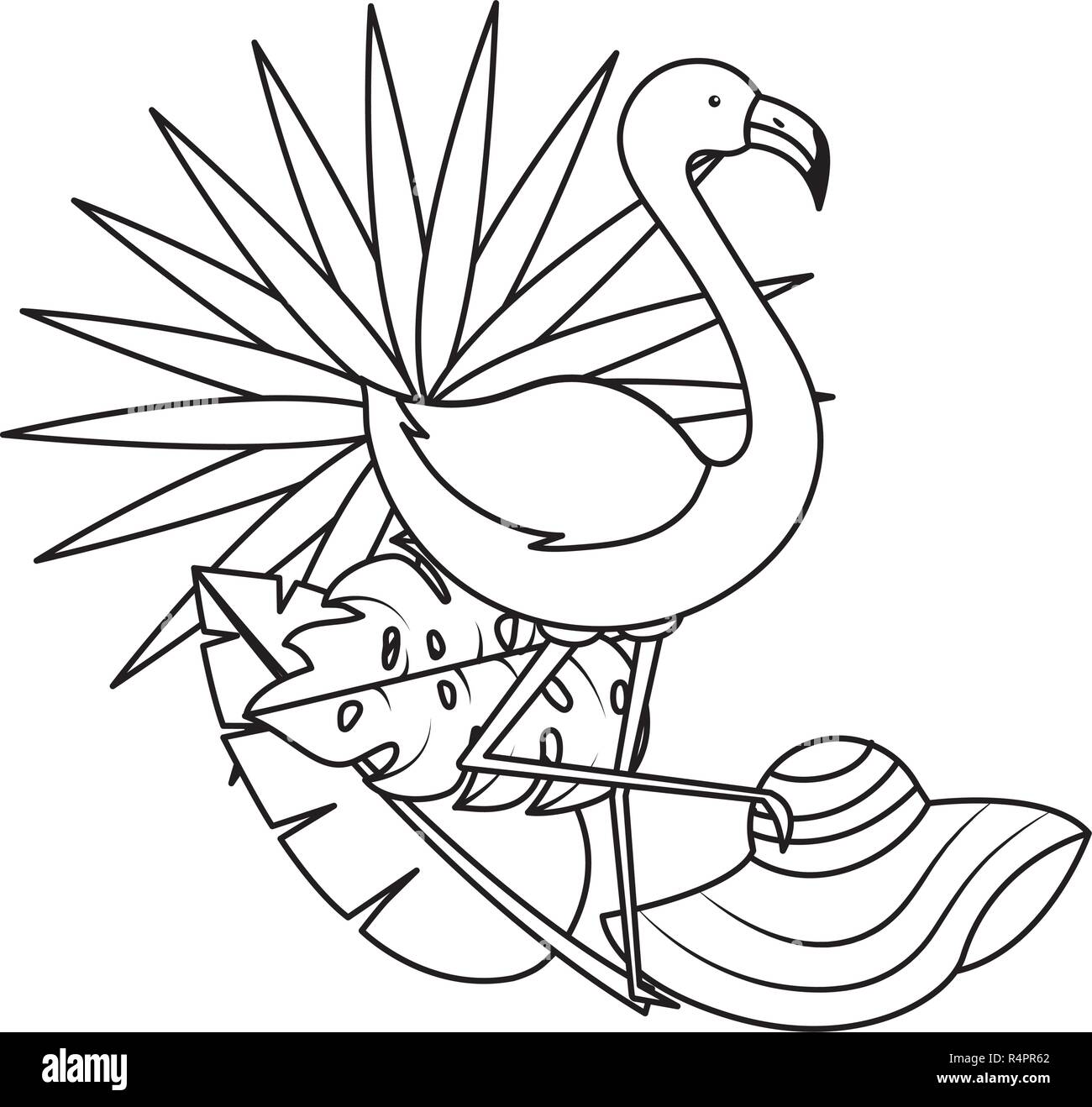Tropischer Sommer rosa Flamingo mit Hut und palm leaf cartoon Vector Illustration graphic design Stock Vektor