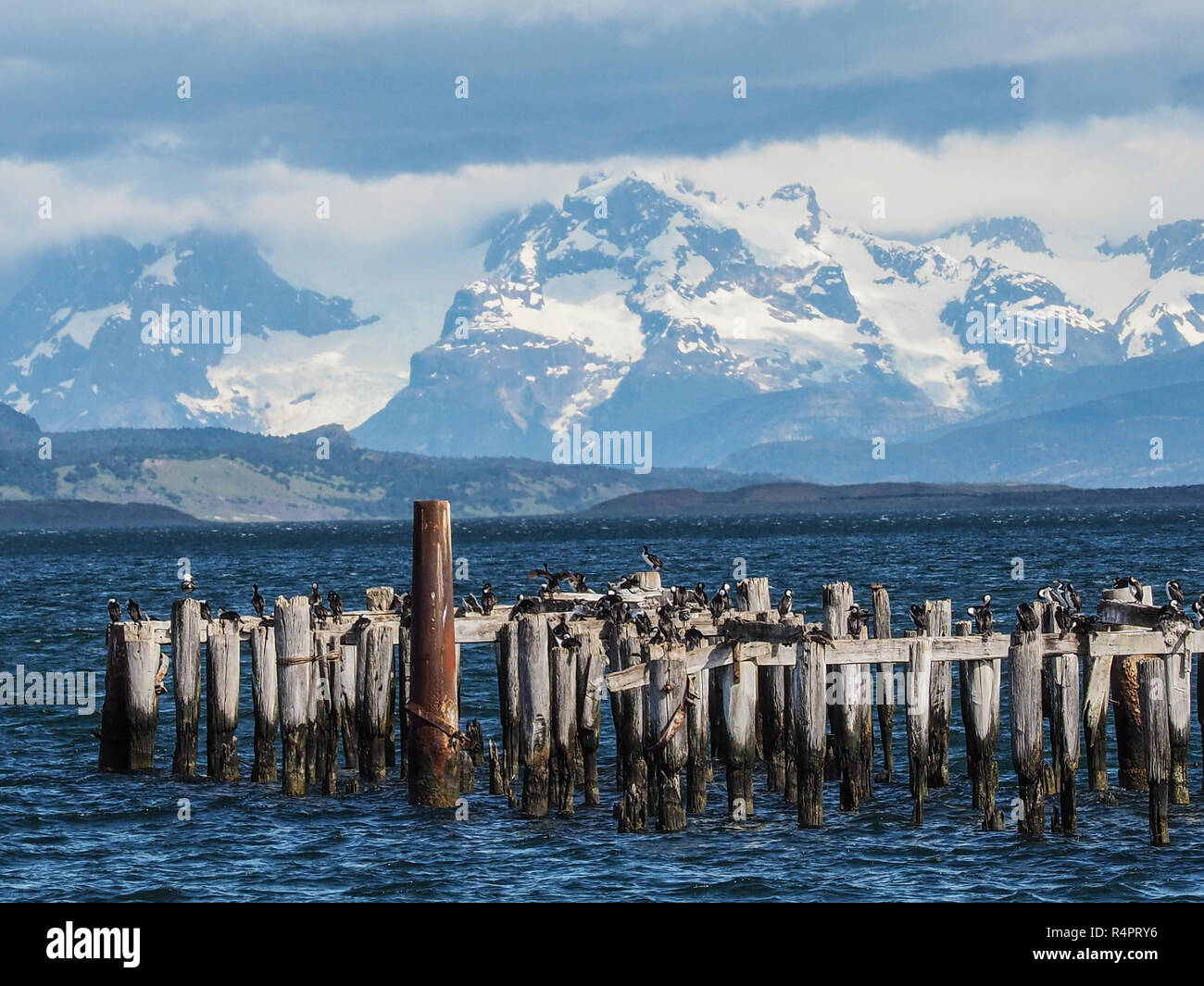 Alte Pier (Muelle Historico) in Almirante Montt Golf - Puerto Natales, Magallanes Region, Patagonien, Chile. Stockfoto