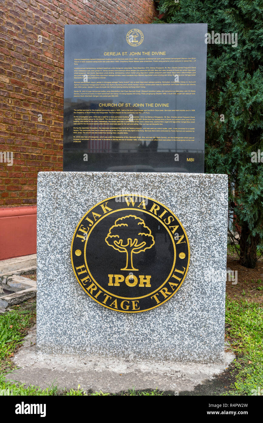 Heritage Trail Marker, Kirche St. Johannes der Göttlichen, Ipoh, Malaysia. Stockfoto