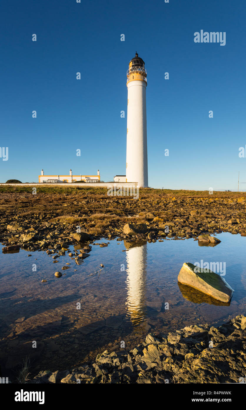 Scheunen Ness Lighthouse, East Lothian, Schottland. Das Gebäude ist in einem Rock Pool wider. Stockfoto