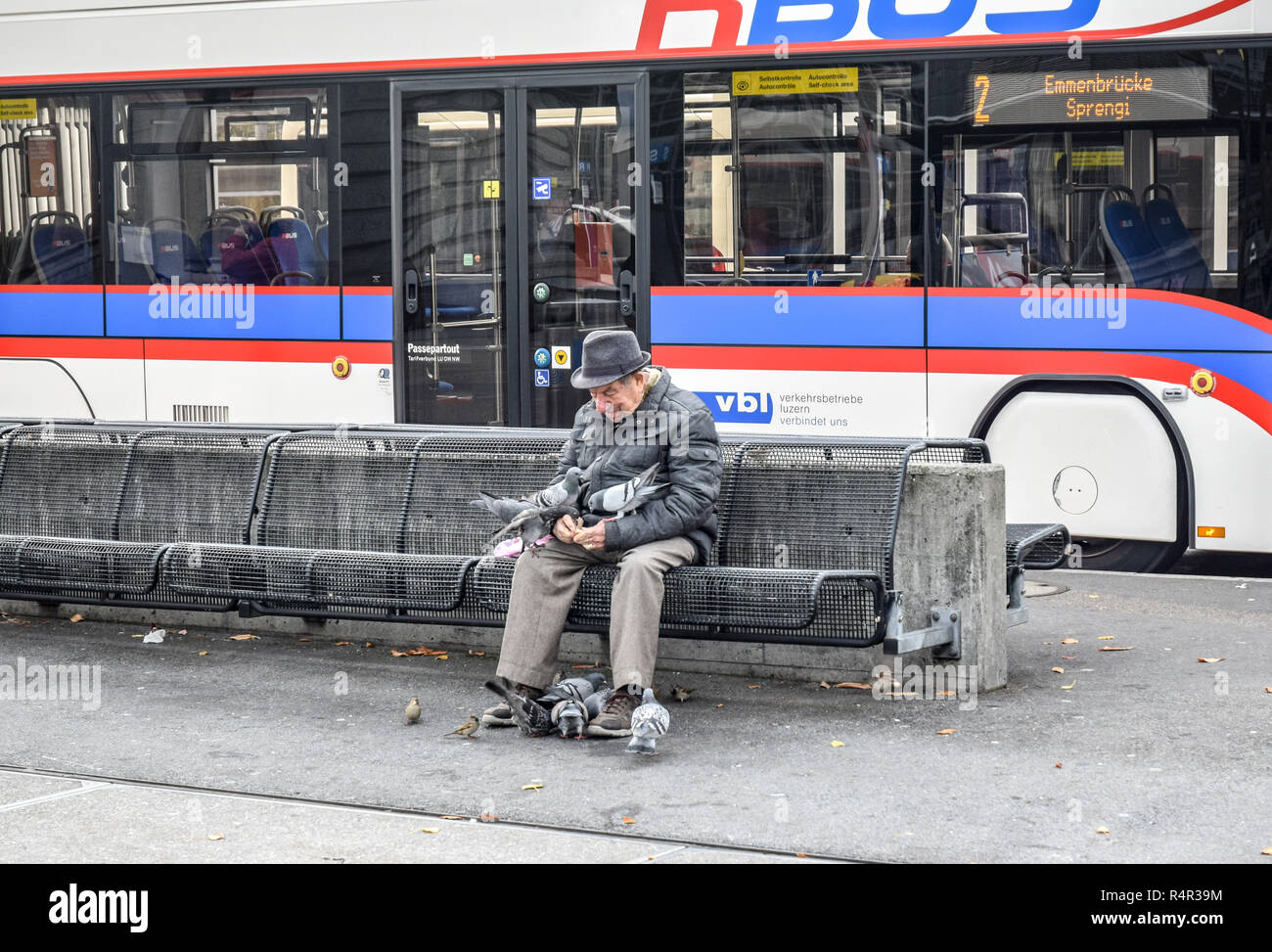Ein einsamer Mann sitzt auf einer Bank am Bahnhofplatz in Luzern, Schweiz - - Fütterung der Vögel. Stockfoto