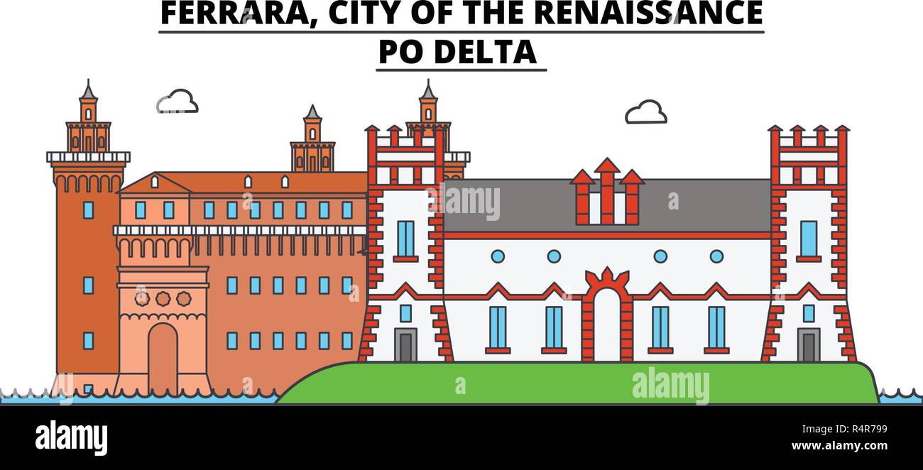Ferrara, Stadt der Renaissance - Po Delta line Reisen Sehenswürdigkeit, Skyline, vektor design. Ferrara, Stadt der Renaissance - Po Delta lineare Abbildung. Stock Vektor
