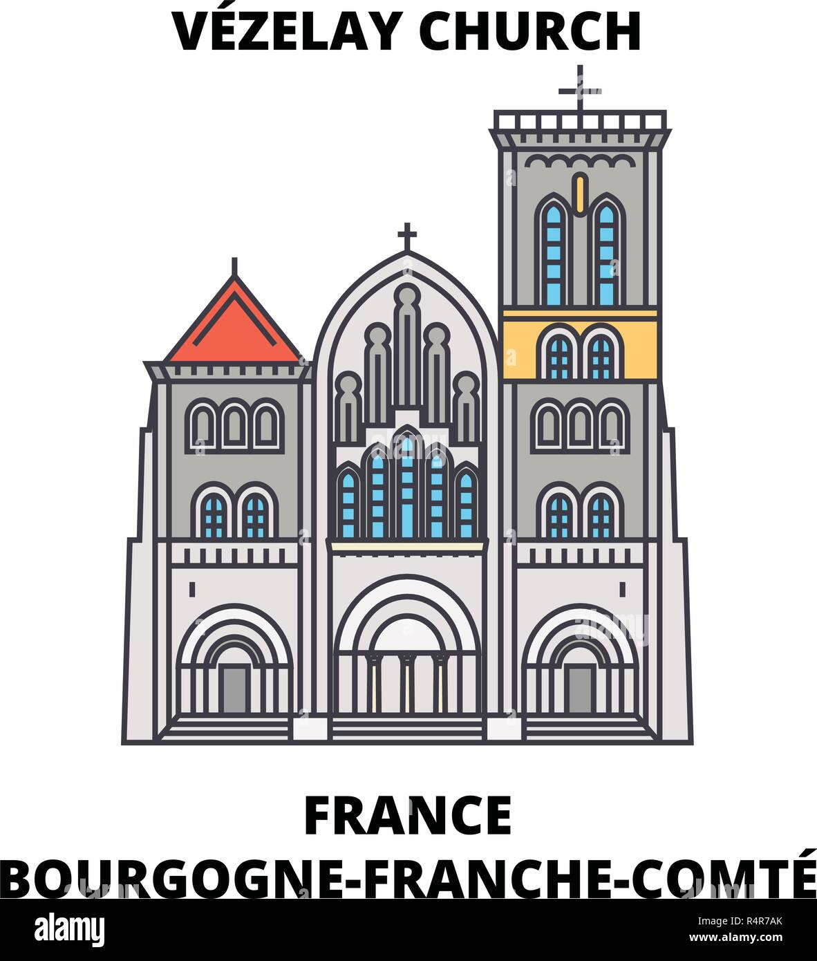 Frankreich, Bourgogne-Franche-ComtE - VEzelay, Kirche und Hügel line Reisen Sehenswürdigkeit, Skyline, vektor design. Frankreich, Bourgogne-Franche-ComtE - VEzelay, Kirche und Hügel lineare Abbildung. Stock Vektor