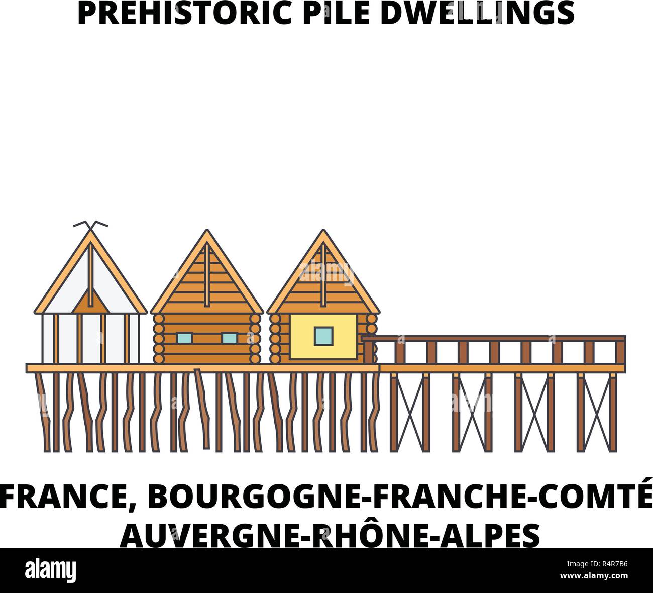 Frankreich, Bourgogne-Franche-ComtE, Auvergne-Rh One-Alpes - Prähistorische Pfahlbauten rund um die Alpen line Reisen Sehenswürdigkeit, Skyline vektor design Stock Vektor
