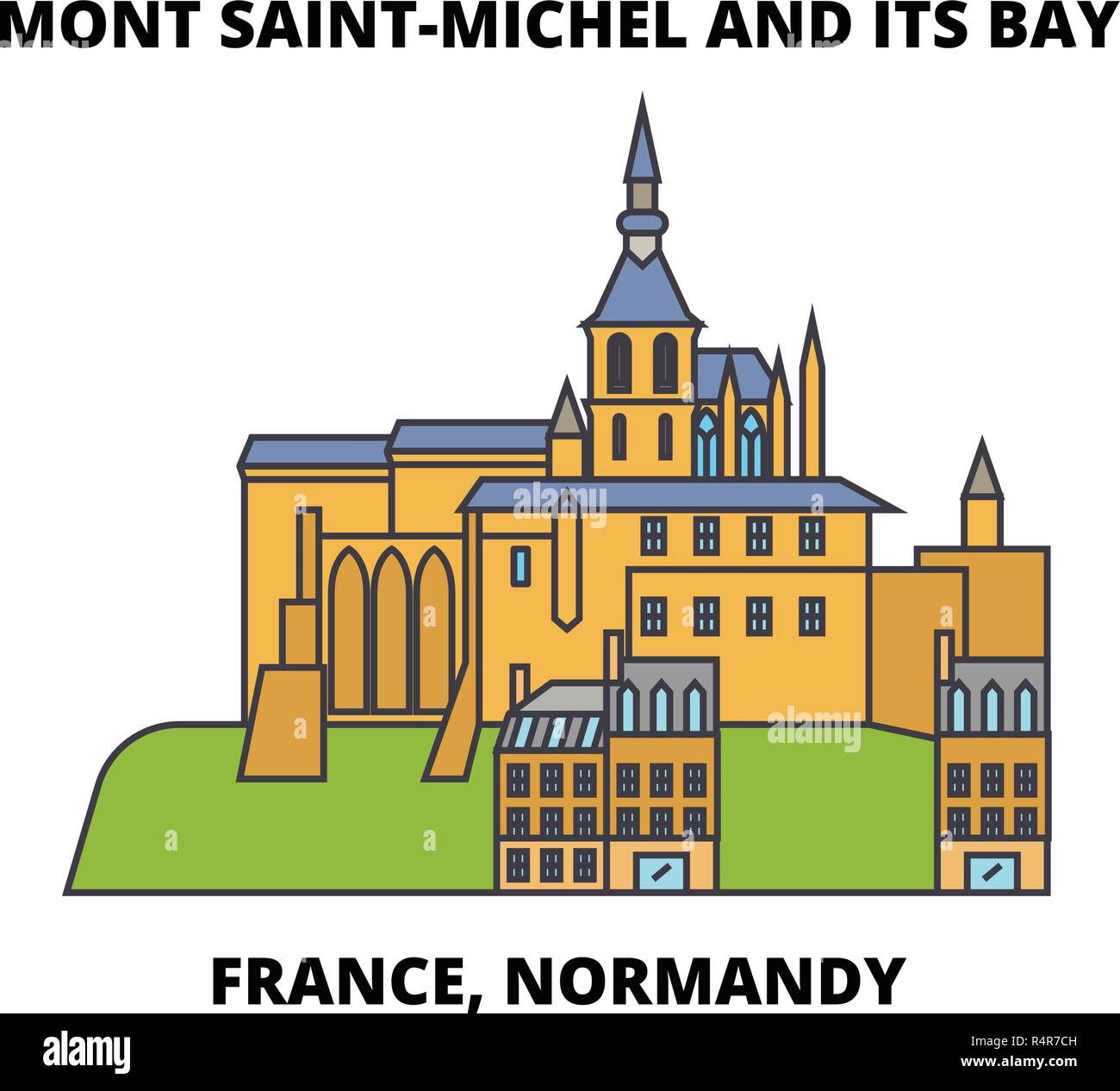 Frankreich, Normandie - Mont Saint-Michel und seine Bucht line Reisen Sehenswürdigkeit, Skyline, vektor design. Frankreich, Normandie - Mont Saint-Michel und seine Bucht lineare Abbildung. Stock Vektor
