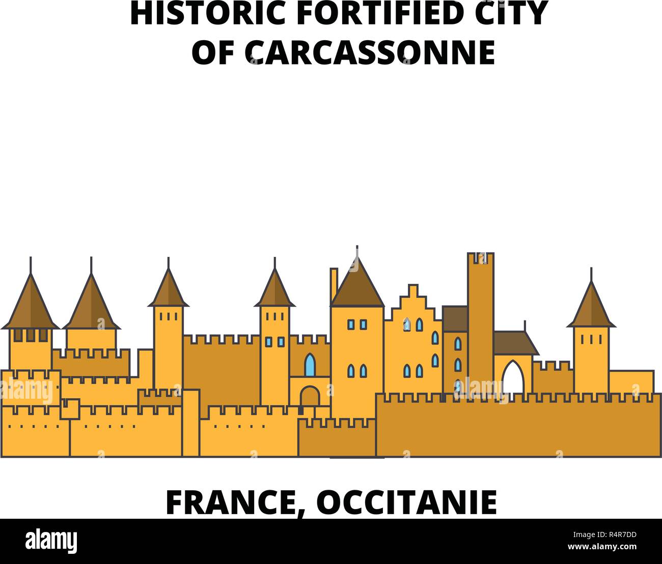 Frankreich, Royal - historische Festungsstadt Carcassonne line Reisen Sehenswürdigkeit, Skyline, vektor design. Frankreich, Royal - historische Festungsstadt Carcassonne lineare Abbildung. Stock Vektor