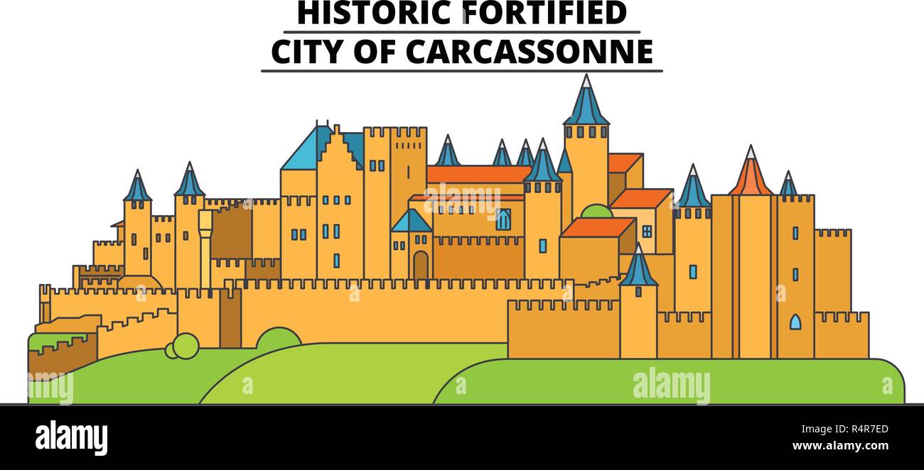 Historische Festung - Stadt von Carcassonne line Reisen Sehenswürdigkeit, Skyline, vektor design. Historische Festung - Stadt von Carcassonne lineare Abbildung. Stock Vektor