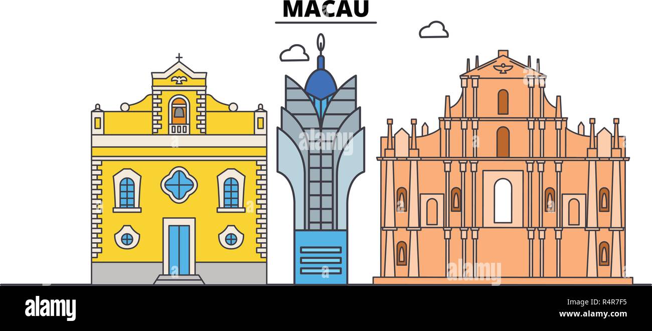 Macau Linie skyline Vector Illustration. Macau lineare Stadtbild mit berühmten Wahrzeichen und Sehenswürdigkeiten der Stadt, Vector, design Landschaft. Stock Vektor