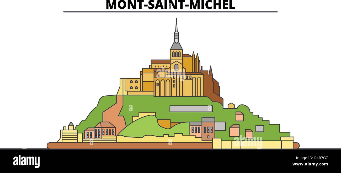Mont-Saint-Michel und seine Bucht line Reisen Sehenswürdigkeit, Skyline, vektor design. Mont-Saint-Michel und seine Bucht lineare Abbildung. Stock Vektor