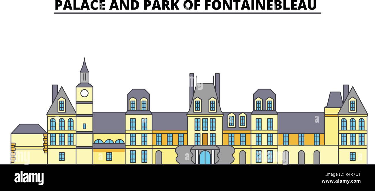 Schloss und Park von Fontainebleau line Reisen Sehenswürdigkeit, Skyline, vektor design. Schloss und Park von Fontainebleau lineare Abbildung. Stock Vektor