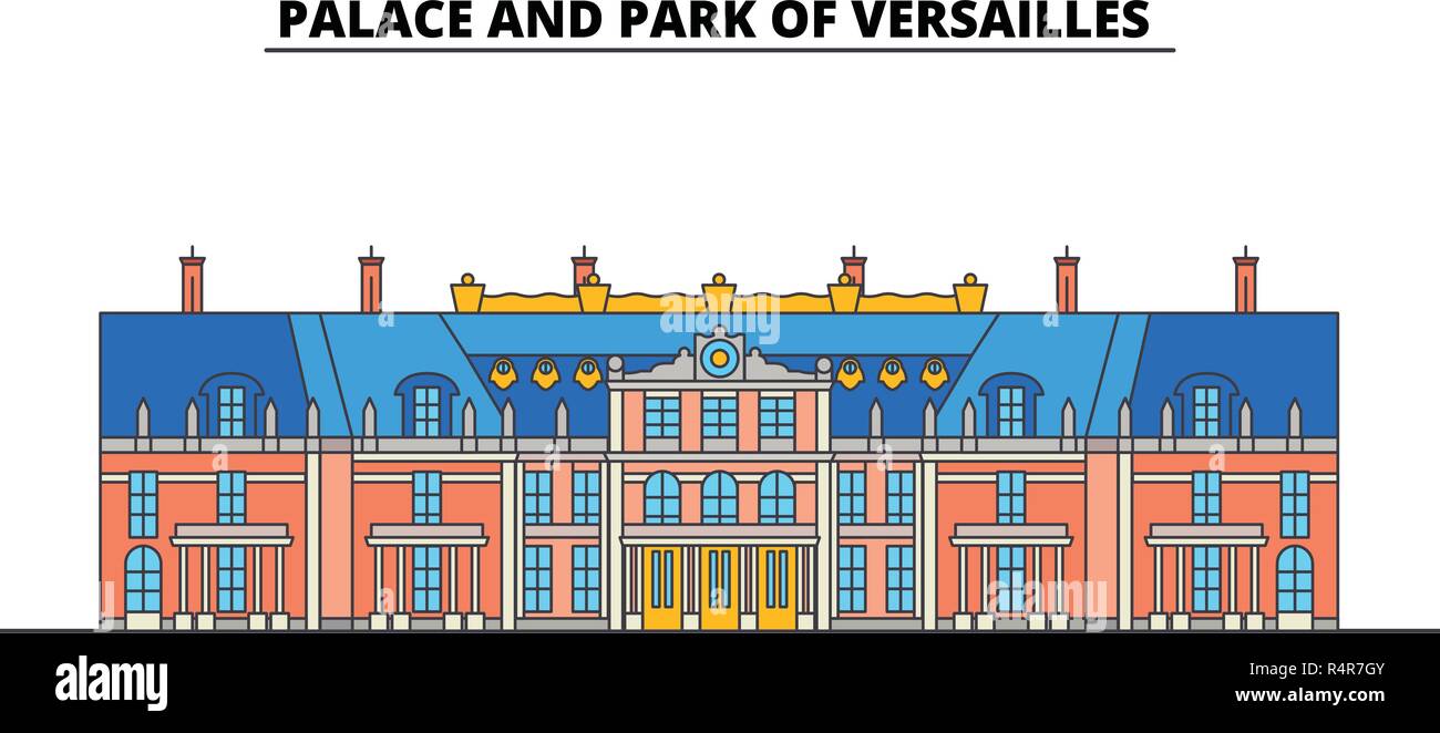 Schloss und Park von Versailles line Reisen Sehenswürdigkeit, Skyline, vektor design. Schloss und Park von Versailles lineare Abbildung. Stock Vektor