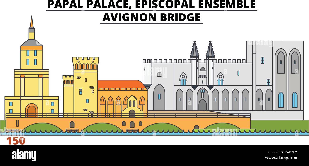 Päpstlichen Palast, die Bischöfliche Ensemble - Avignon Bridge Line reisen Sehenswürdigkeit, Skyline, vektor design. Päpstlichen Palast, die Bischöfliche Ensemble - Avignon Brücke lineare Abbildung. Stock Vektor