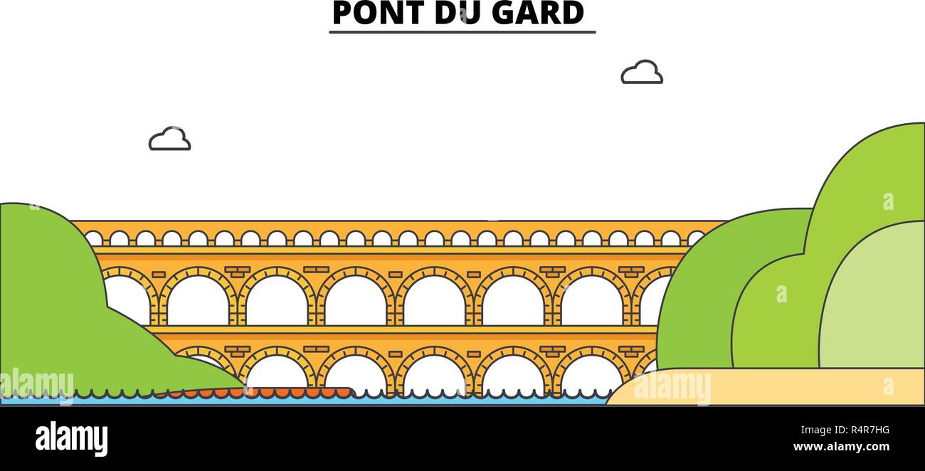 Pont du Gard line Reisen Sehenswürdigkeit, Skyline, vektor design. Pont du Gard lineare Abbildung. Stock Vektor