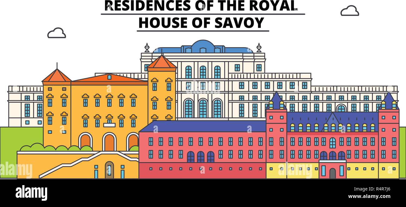 Residenzen des Hauses Savoyen Royal-line travel Wahrzeichen, Skyline, vektor design. Residenzen des königlichen Hauses Savoyen lineare Abbildung. Stock Vektor