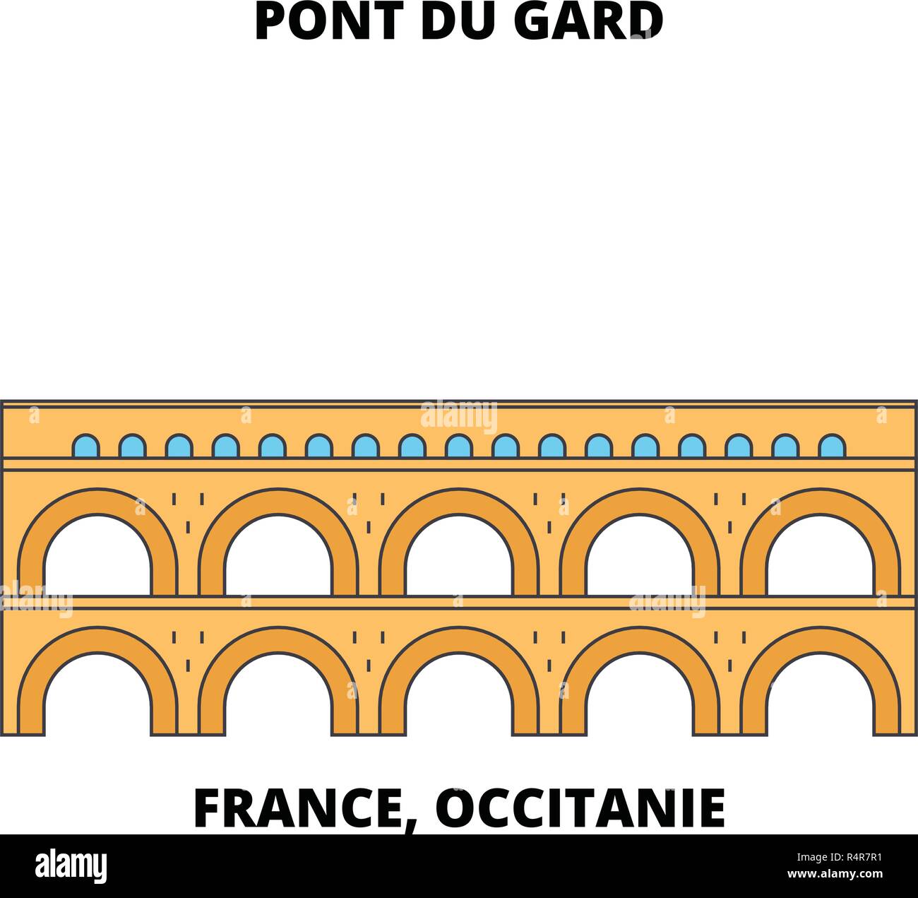 Frankreich, Royal-Pont du Gard (römische Aquädukt) Linie reisen Sehenswürdigkeit, Skyline, vektor design. Frankreich, Royal-Pont du Gard (römische Aquädukt) lineare Abbildung. Stock Vektor