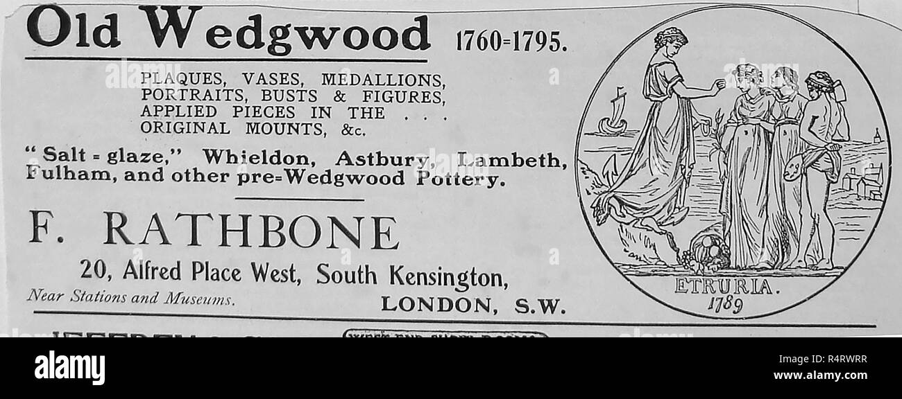 1902 Werbung für F. Rathbone 20 Albert Ort West, South Kensington, London, England Verkäufer der Alten Wedgwood und andere Keramik Stockfoto