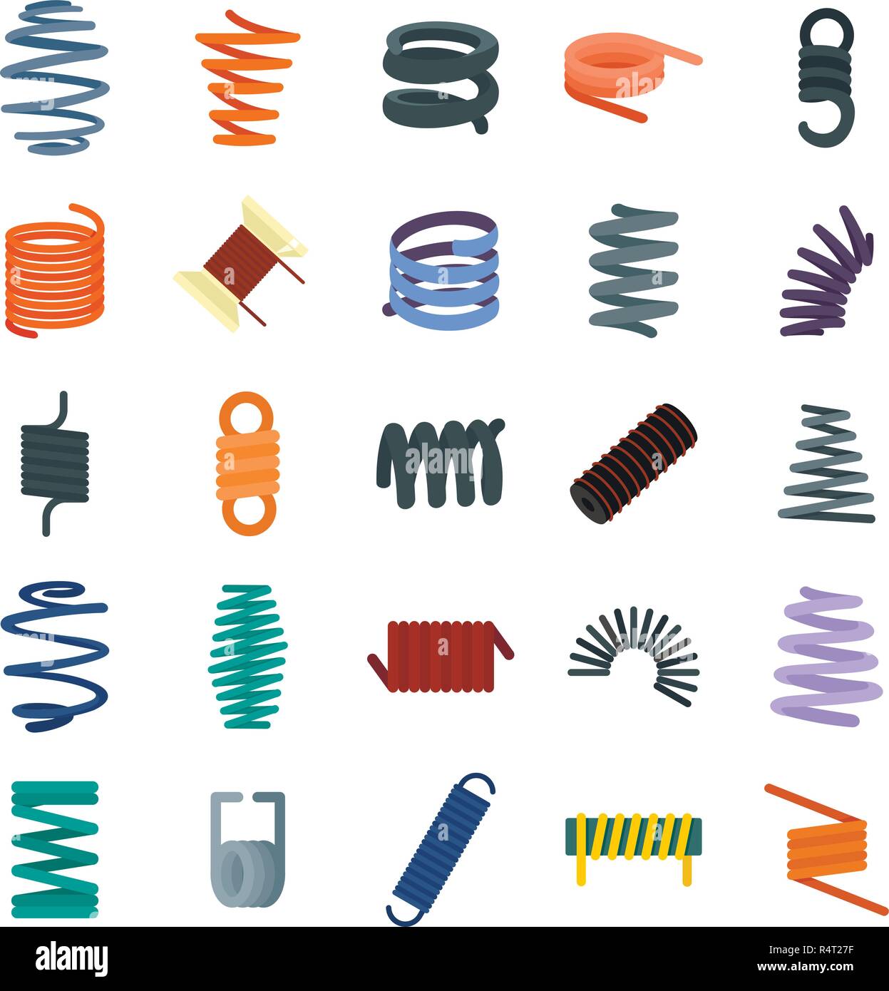 Spiralfeder kabel Symbole gesetzt. Flache Darstellung von 25-Spulenfeder kabel Vector Icons isoliert auf weißem Stock Vektor