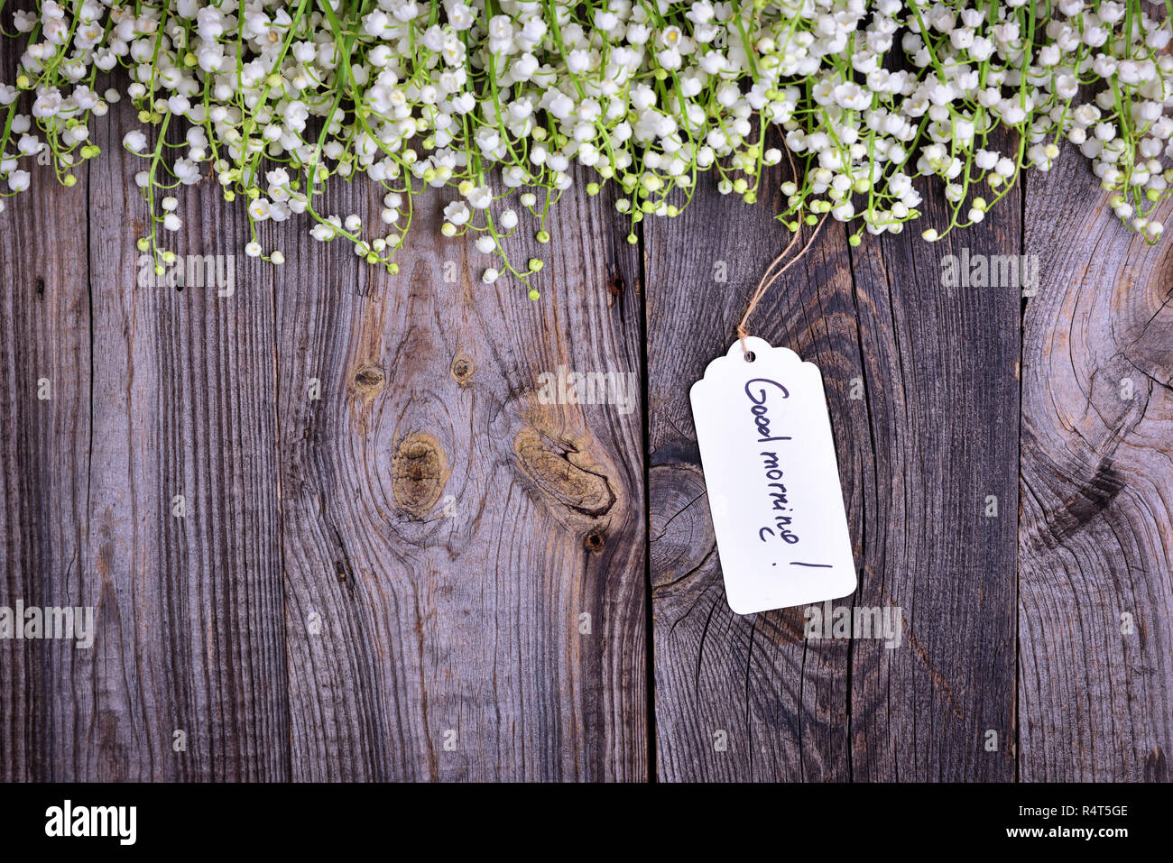 Graues Holz- Hintergrund mit einem Papier tag mit der Aufschrift Guten Morgen Stockfoto