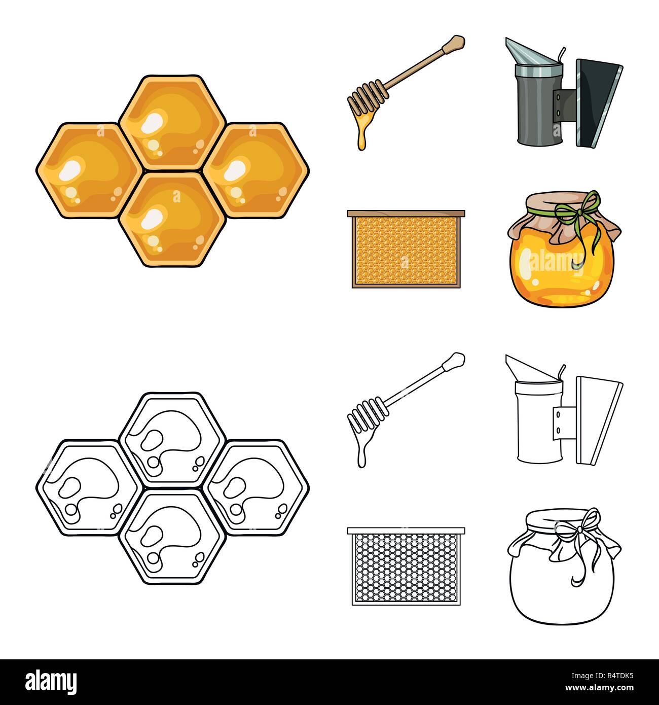 Ein Frame mit Waben, eine Schöpfkelle von Honig, ein fumigator von Bienen, ein Glas Honig Imkerei set Sammlung Icons im Cartoon, Outline style Vektor Symbol st Stock Vektor