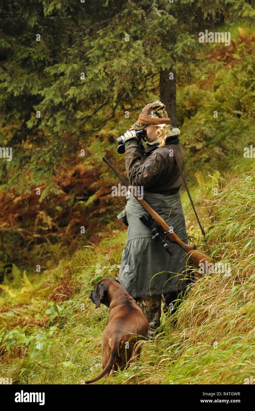 Die Jagd in den österreichischen Alpen: eine seltene Frau Jäger mit ihrem Hund Stockfoto