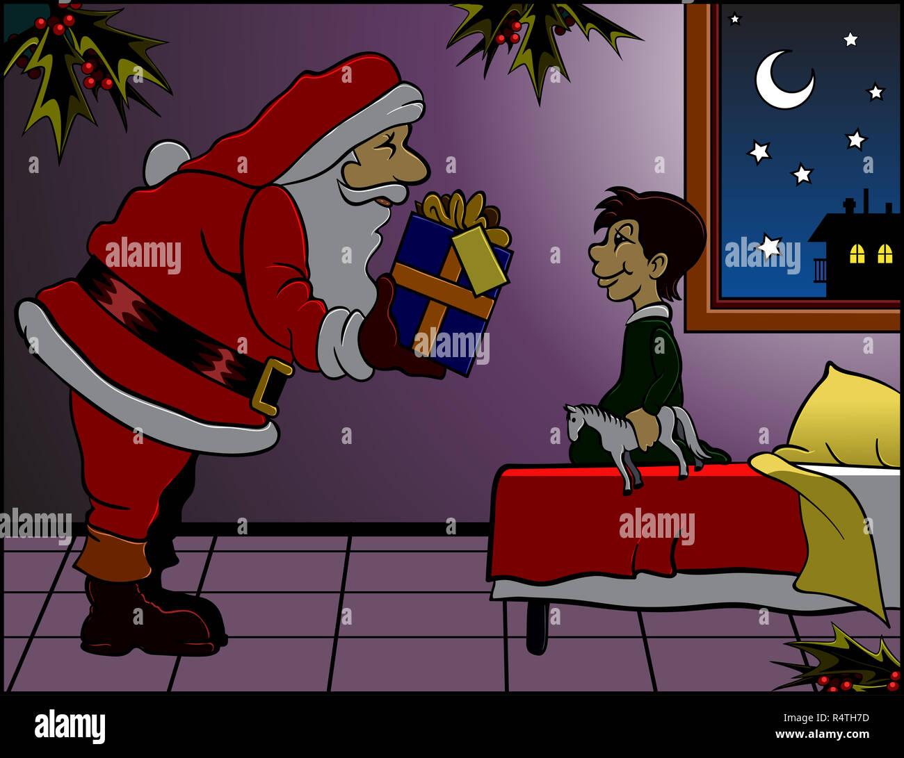 Cartoon Illustration: Santa Claus bringt ein Geschenk zu einem glücklichen Kind saß auf seinem Bett Stockfoto