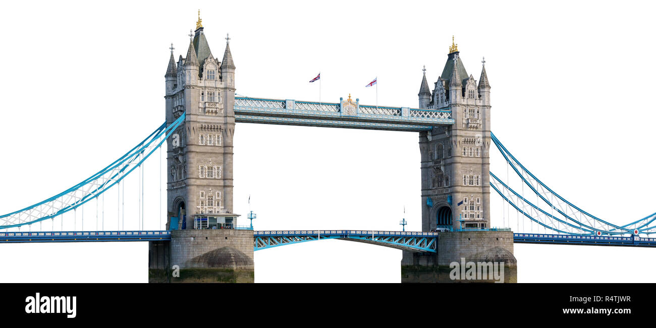Die Tower Bridge in London isoliert auf weißem Hintergrund mit Freistellungspfad Stockfoto