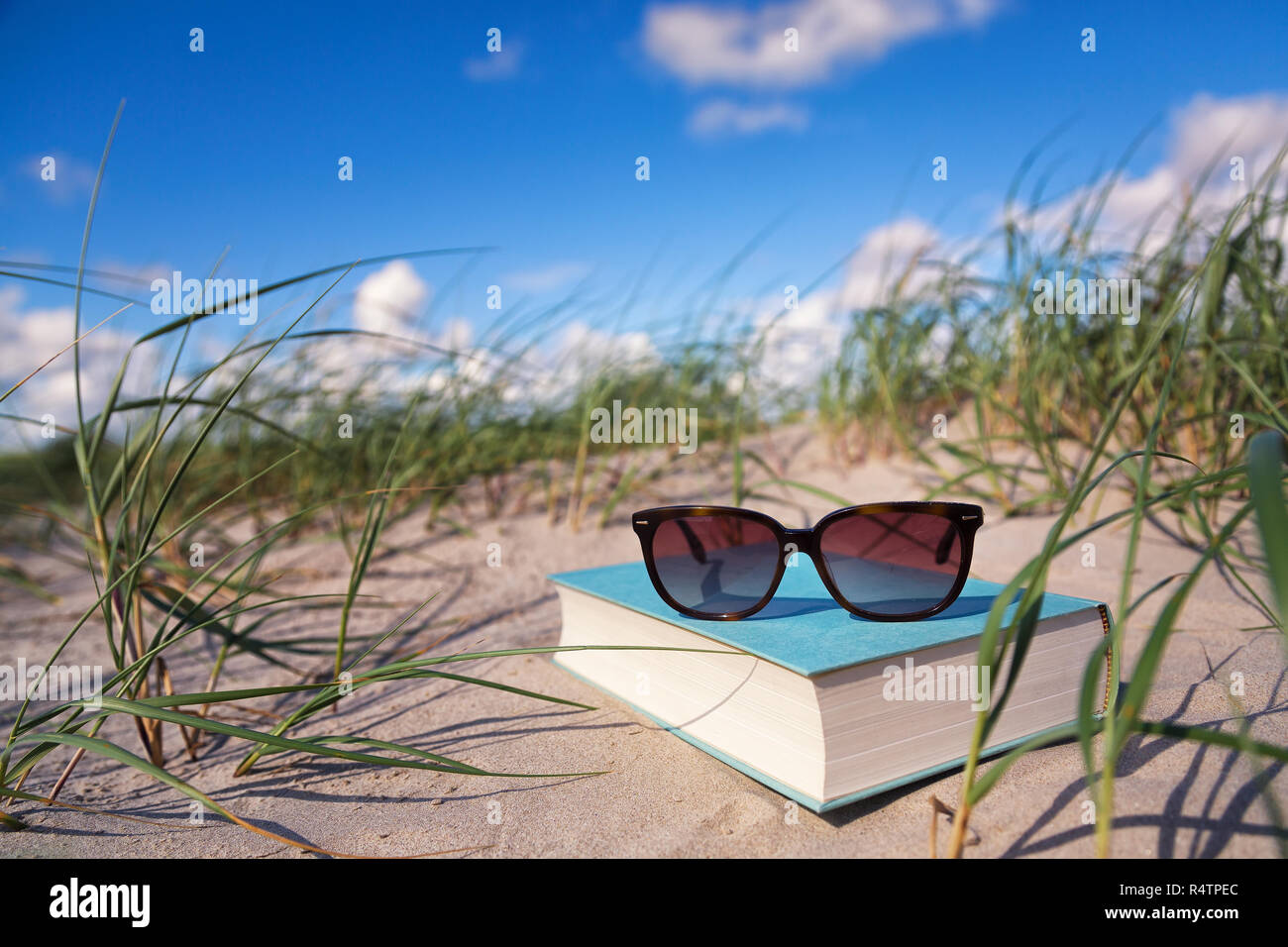 Buch am Strand Stockfoto