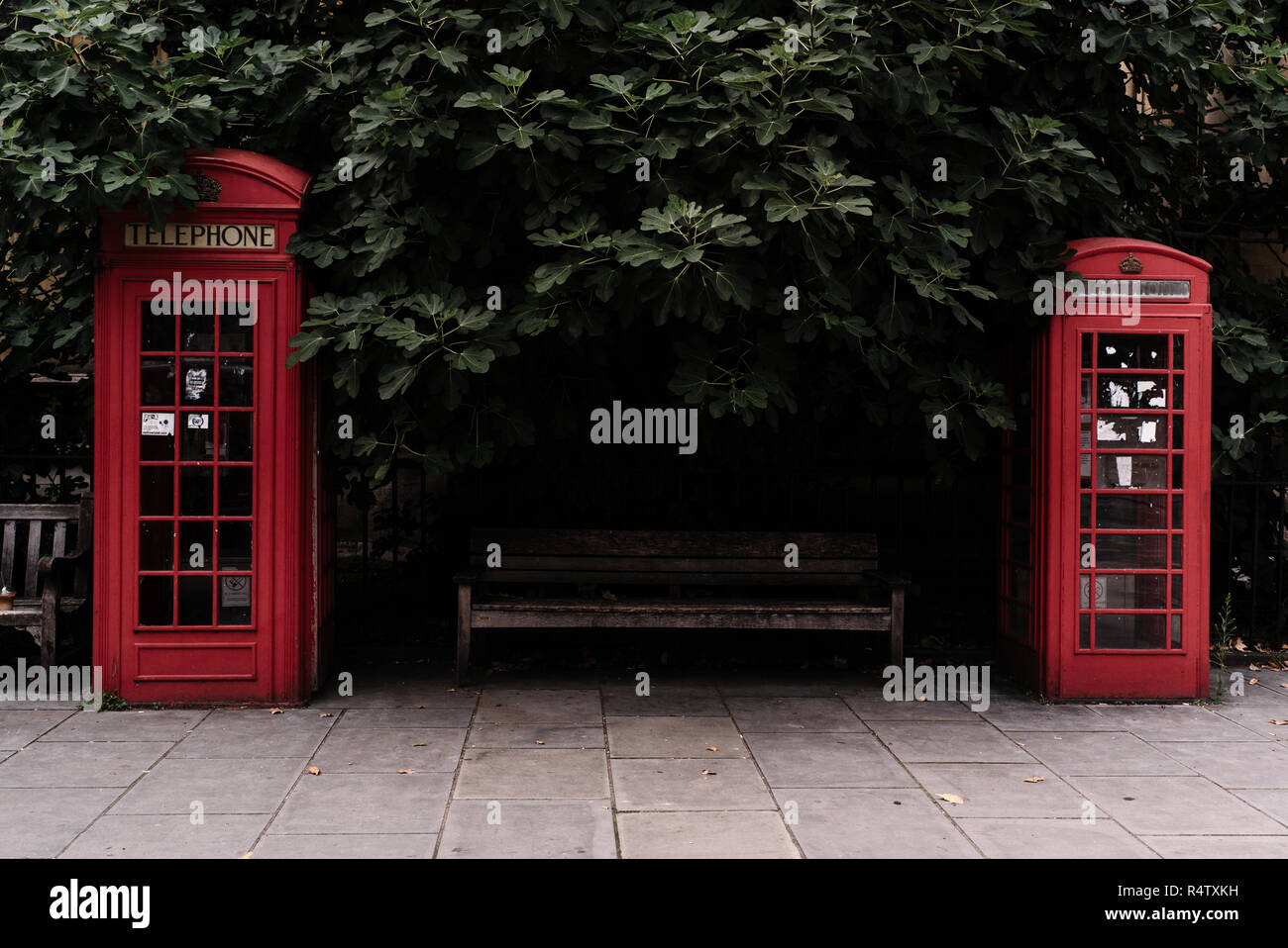 Die kultigen roten Telefonzellen von Sir Giles Gilbert Scott, London, UK. Stockfoto