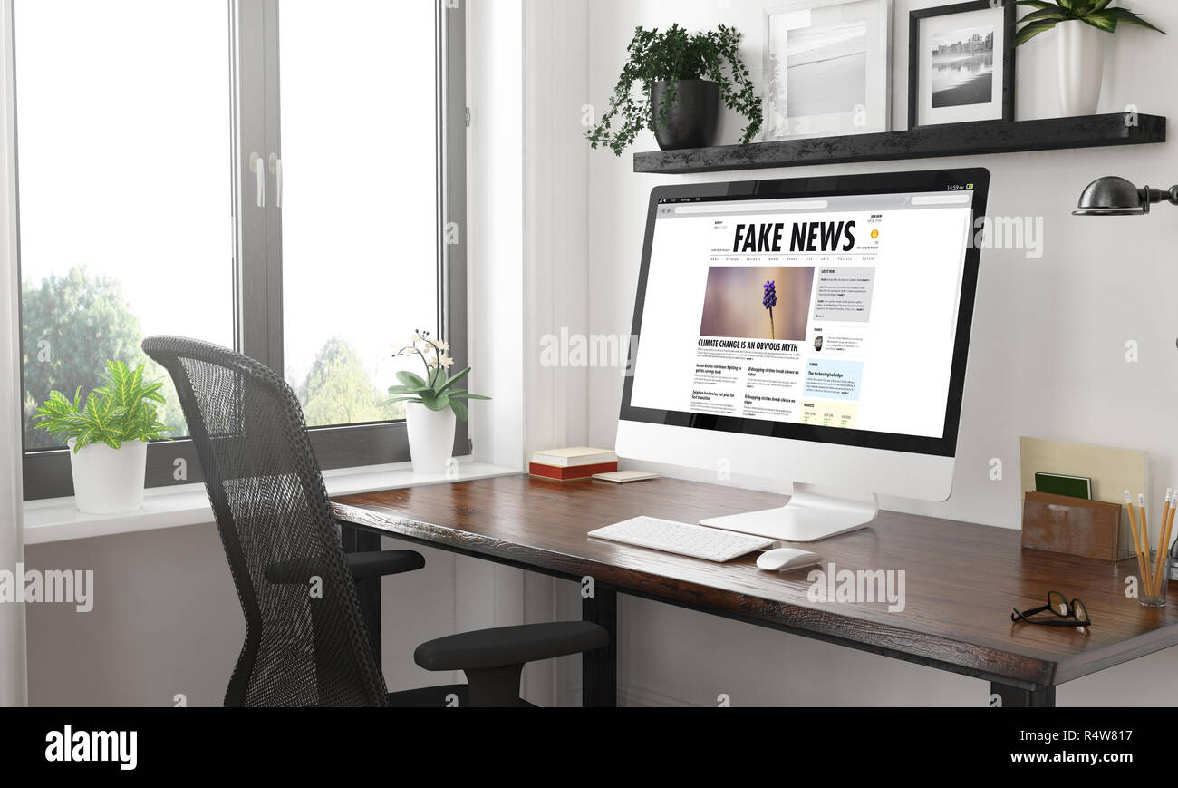 Computer auf dem Desktop Schwarz und Weiß fake News 3D-Rendering Stockfoto