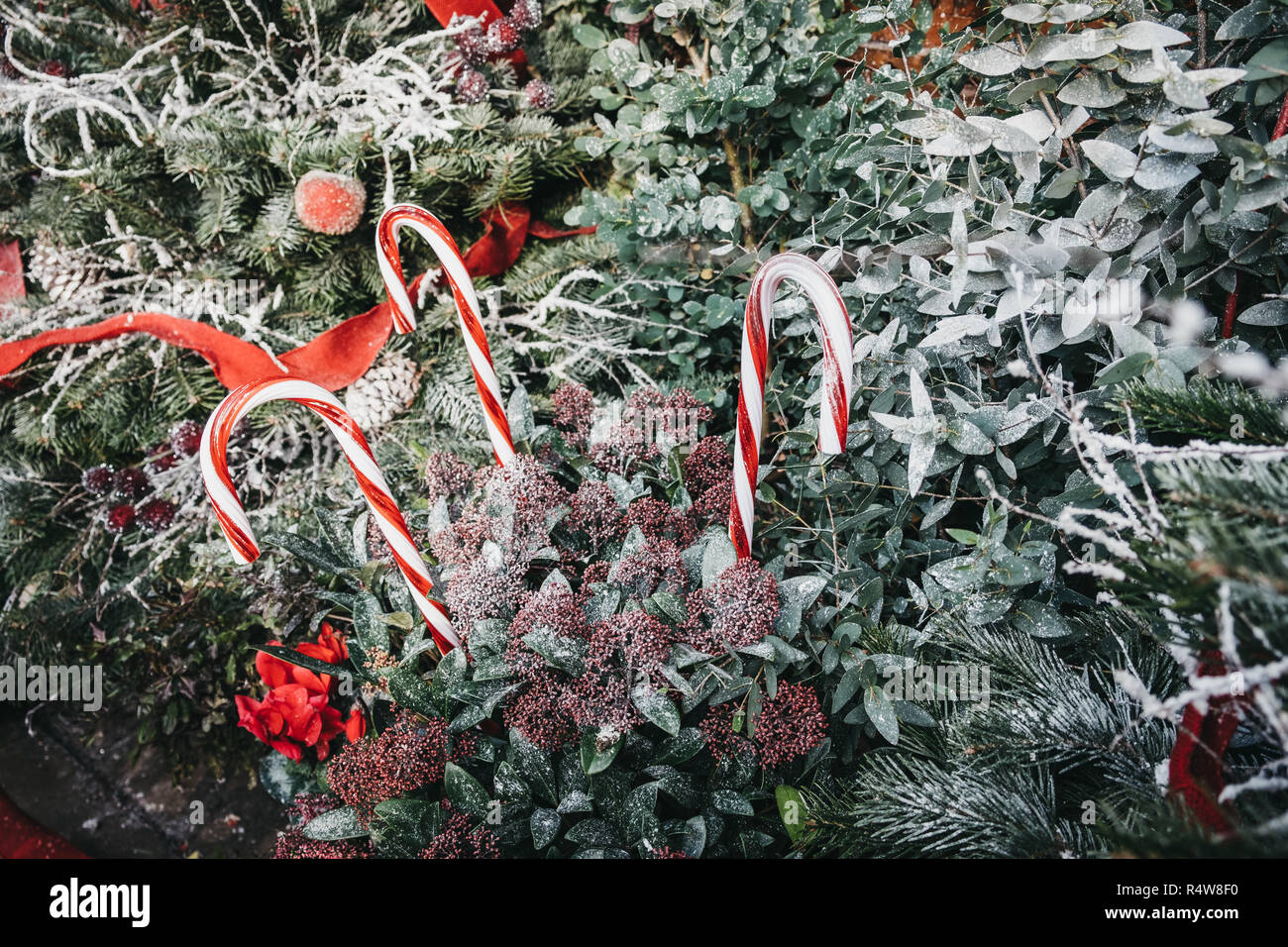 Nahaufnahme von Zuckerstangen und Weihnachtsschmuck in Covent Garden Market, eine der beliebtesten Touristenattraktionen in London. Stockfoto