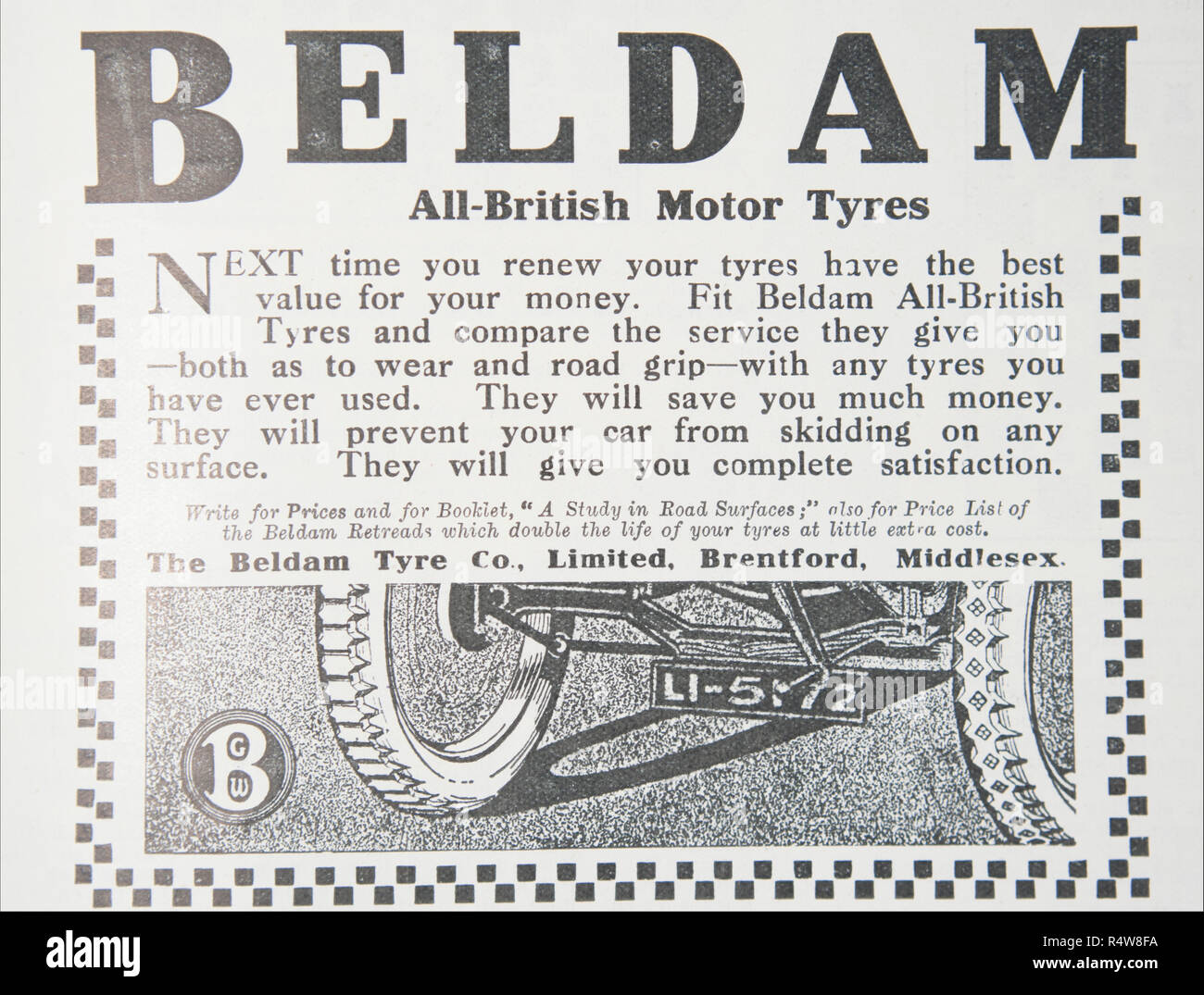 Eine alte Anzeige für Beldam motor Reifen. Von einem britischen Magazin aus dem Zeitraum 1914-1919. England UK GB Stockfoto