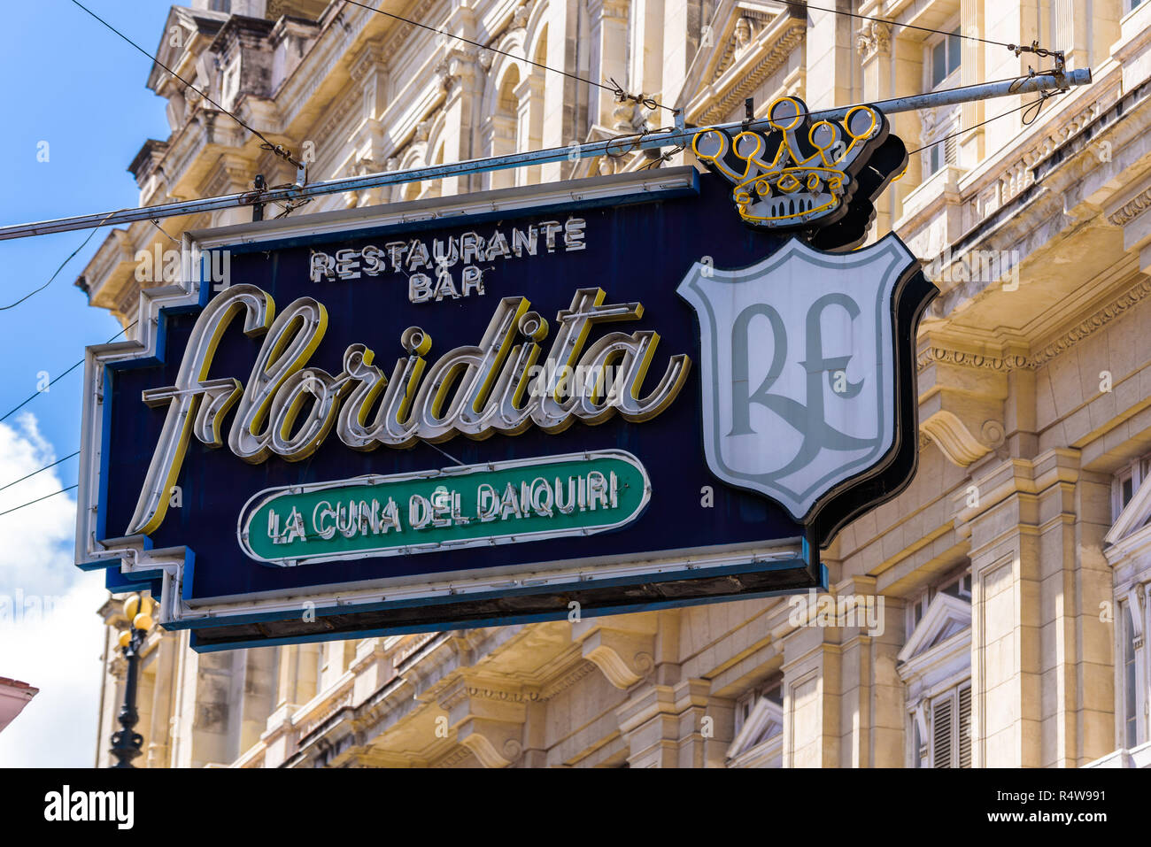 Havanna, Kuba - Februar, 2018: Außen von El Floridita, einem historischen Fisch Restaurant und Cocktail Bar, La Habana Vieja, Kuba Stockfoto