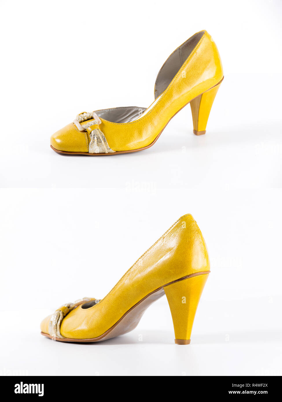 Paar weiblicher Gelb Leder Schuhe auf weißem Hintergrund, isolierte Produkt, Ansicht von oben. Stockfoto
