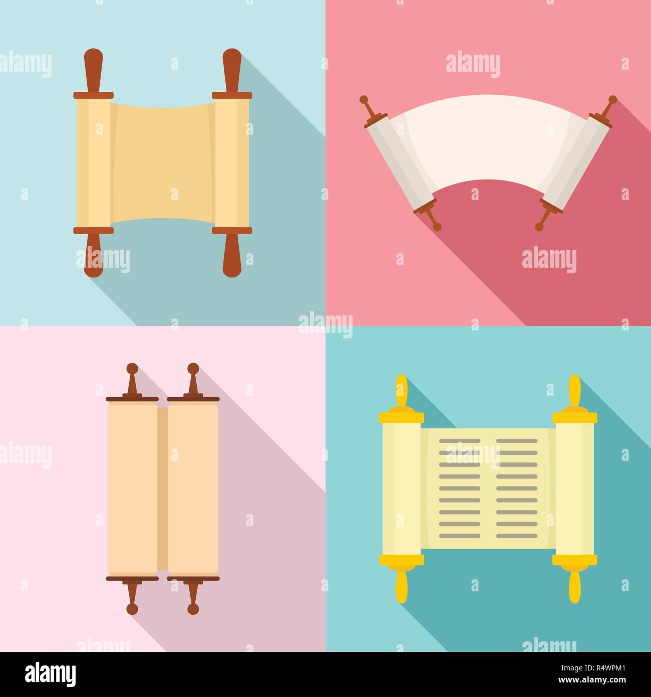 Torarolle buch Bibel schawuot Symbole gesetzt. Flache Darstellung von 4 Tora-rolle Buch Bibel schawuot Vector Icons für Web Stock Vektor