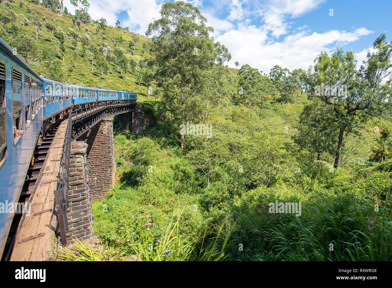 Die Ella nach Kandy Diesel zug Lokomotive Winde durch die Teeplantagen in der Nähe von Nuwara Eliya, Sri Lanka. Stockfoto