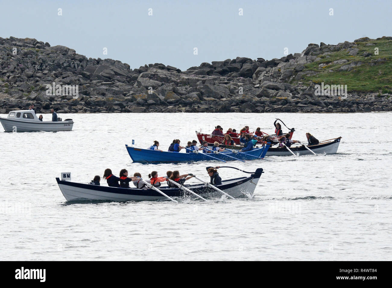 Shetland Ruderregatta in Hamnavoe Burra in der Shetland Inseln gehalten während des Sommers. Lokale Teams Rennen für jeden Bezirk Stockfoto