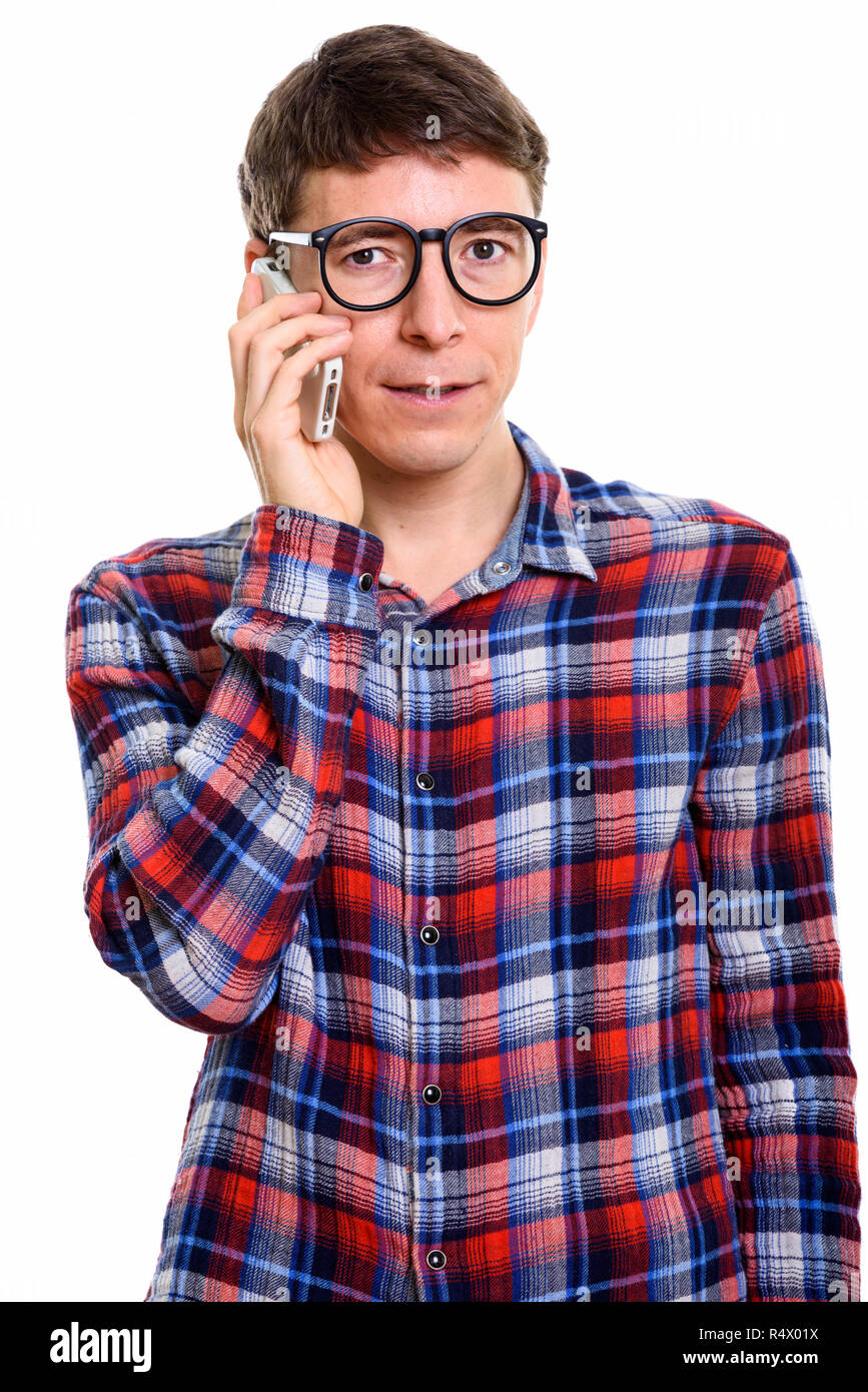 Studio shot des Menschen Gespräch am Handy Stockfoto