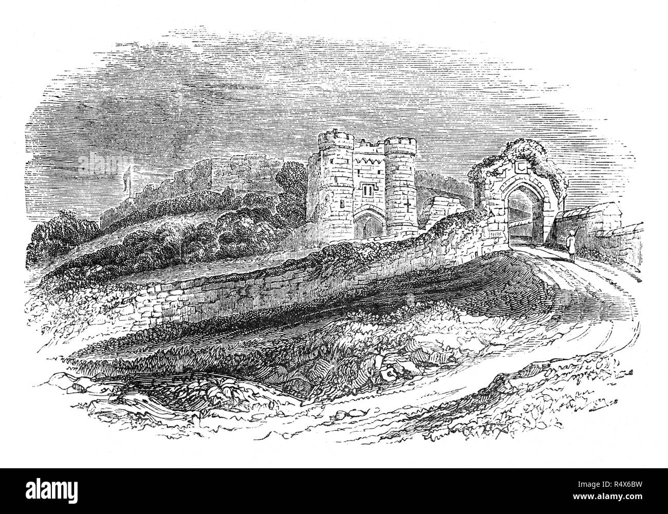 Carisbrooke Castle ist ein historischen Motte-und-bailey Burg im Dorf Rosemont befindet (in der Nähe von Newport), Isle of Wight, England. Der Bergfried wurde hinzugefügt, das Schloss in der Regierungszeit Heinrichs I., und es war durch zusätzliche Befestigungen in der Regierungszeit von Elizabeth I, wenn die spanische Armada wurde im Jahre 1583 erwarteten umgeben. Carey im Auftrag der italienischen Ingenieur Federigo Giambelli (oder Genebelli) Weitere wesentliche Verbesserungen an der Verteidigung, im Jahr 1600. Charles war ich hier für 14 Monate inhaftiert vor seiner Hinrichtung im Jahre 1649. Stockfoto