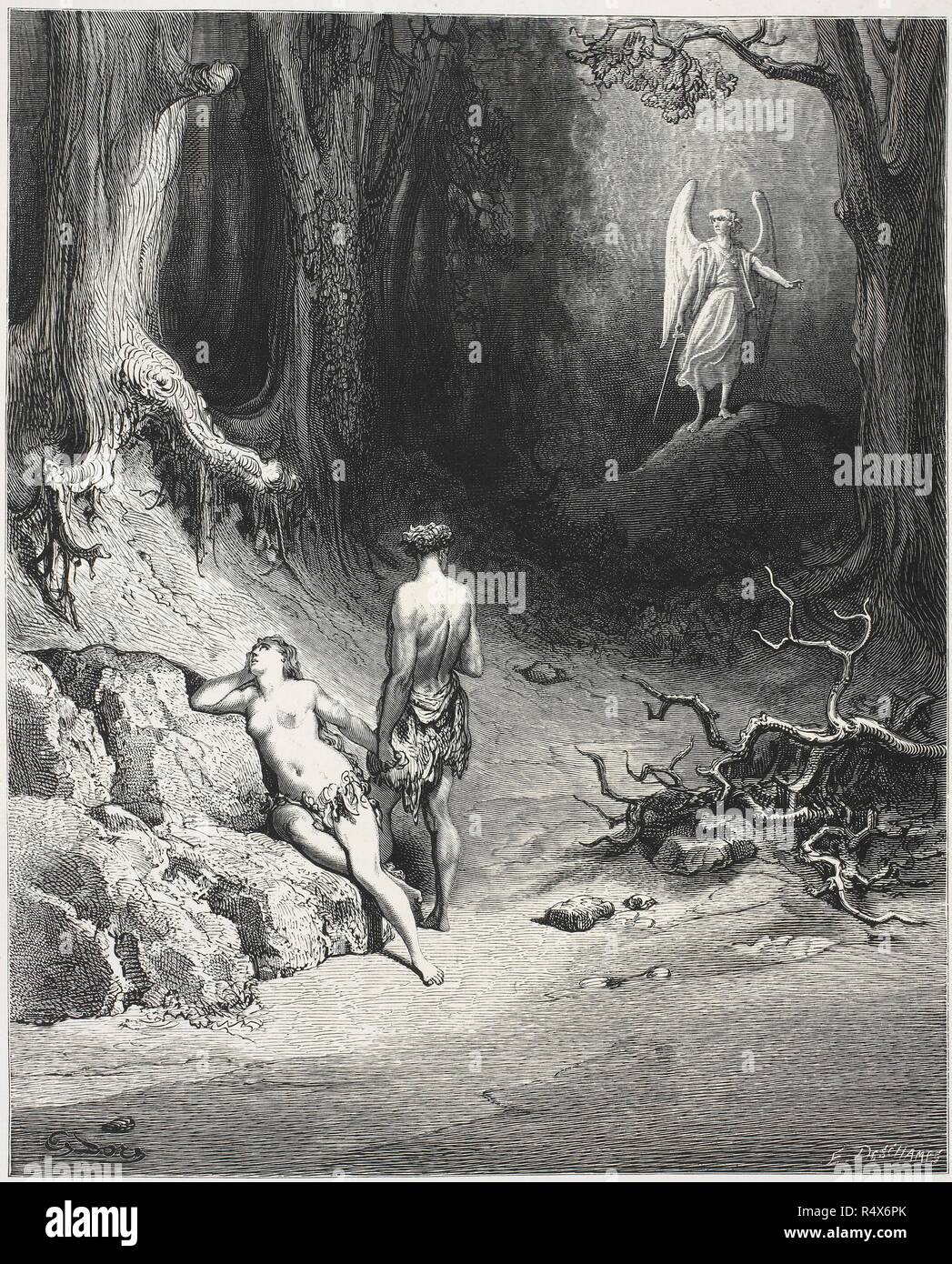 Illustration von Gustave DoreÌ aus Miltonâ € ™ s Paradise Lost." Adam und Eva im Garten von einem Engel konfrontiert. Der Fall des Menschen. . Paradise Lost. Cassell, Petter und Galpin: London, [1866]. Quelle: 1871.f 14 f 50. Sprache: Englisch. Stockfoto