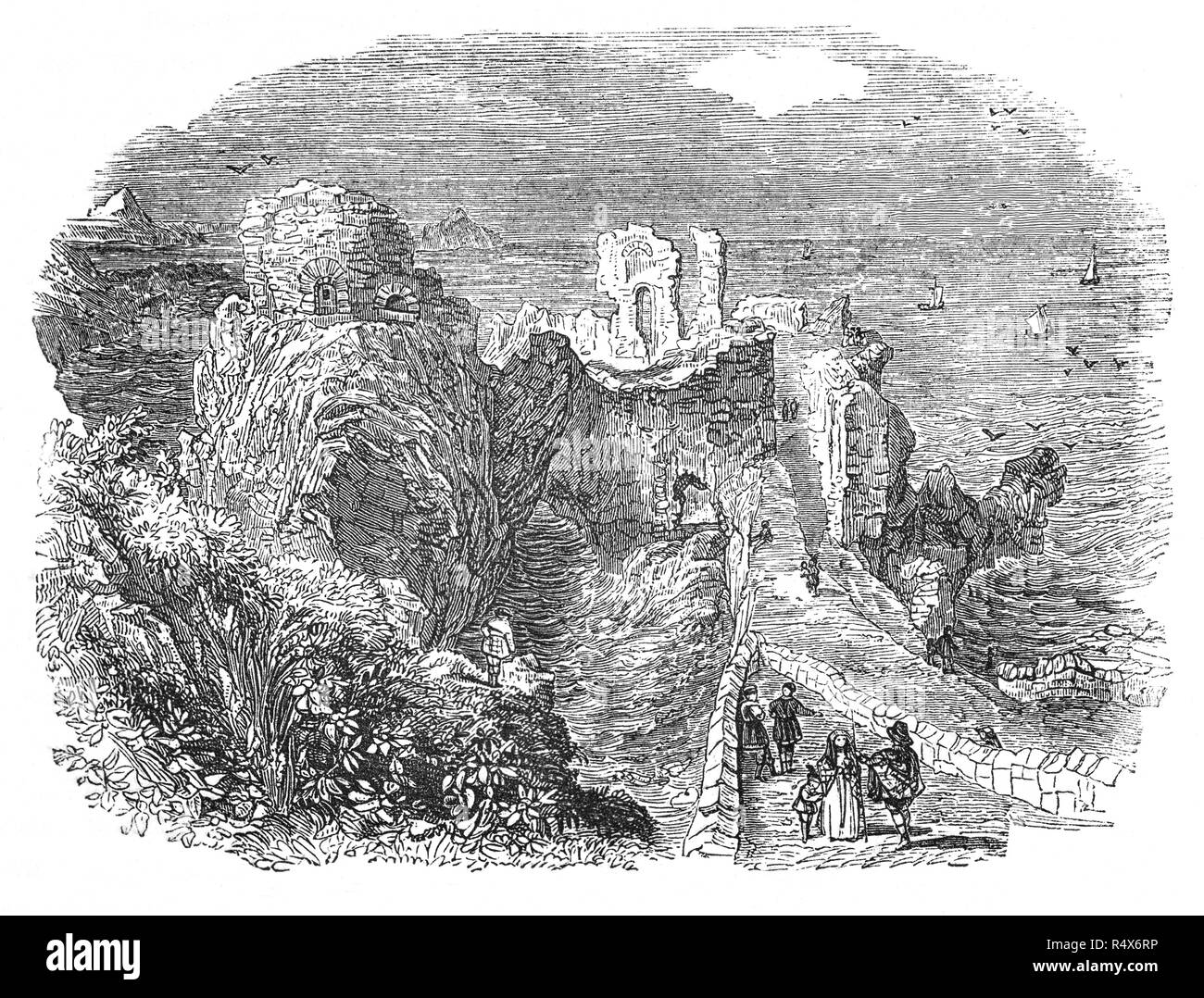Dunbar Castle ist der Überrest einer der stärksten Festungen in Schottland, in exponierter Lage mit Blick auf den Hafen der Stadt Dunbar, in East Lothian. Die Schlacht von Dunbar war einer der wichtigsten Schlachten des Dritten Englischen Bürgerkrieg, in dem die englische Parlamentarier Kräfte unter Oliver Cromwell eine schottische Armee loyal zu König Karl II. Am 3. September 1650 besiegt. Er würde zum König von Großbritannien, Frankreich und Irland durch das Parlament in Schottland am 5. Februar 1649, fünf Tage nach der Hinrichtung seines Vaters Karl I. wurde Stockfoto
