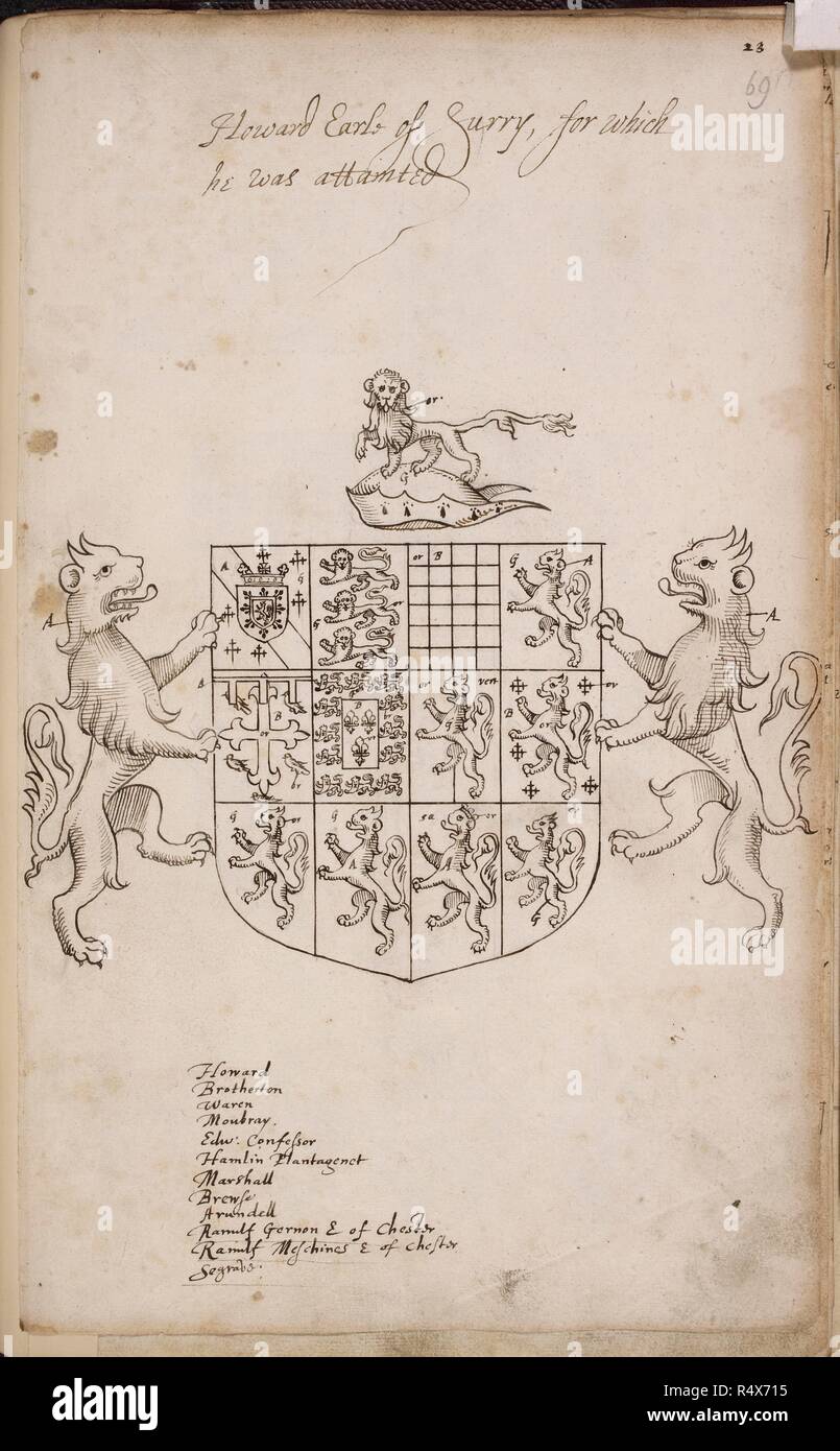 Wappen von Thomas Howard, 4. Herzog von Norfolk. Heraldische Tracts. England, Ende des 16. Jahrhunderts. {Ganze folio] Zeichnung des Wappens von Thomas Howard, 4. Herzog von Norfolk, die von Sir William Dethick, Strumpfband, der König von Waffen übergeben wurde. Bild aus heraldischen Flächen berücksichtigt. Ursprünglich in England produziert; Ende des 16. Jahrhunderts. . Quelle: Harley 1453, w.69. Sprache: Englisch. Stockfoto