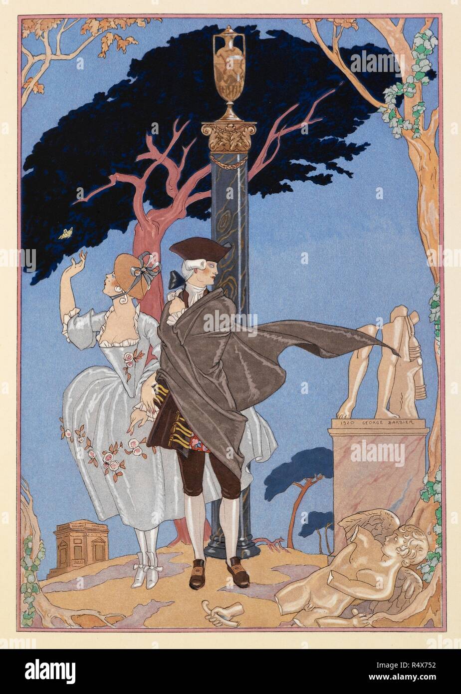 L'Amour Par Terre. Ein Mann und eine Frau, die unter Trümmern. FÃªtes galantes. [PoÃ¨mes]. Abbildungen de George Barbier. Paris: H. Piazza, 1928. FÃªtes Galantes ist ein Album aus Romantische Drucke des französischen Lebens unter den oberen Klassen des 19. Jahrhunderts. Reichen Aristokraten des französischen Rechnungshofs verwendet galanten Szenen aus der Commedia dell arte €™, die aufgerufen wurden feste Galantes spielen. Die druckt Paul Verlaine Gedichte begleiten. Jedes Album enthält 20 Lithographie Drucke mit Pochoir Hervorhebung von George Barbier. Quelle: L. vor 45/2847, Seite 87. Sprache: Französisch. Stockfoto
