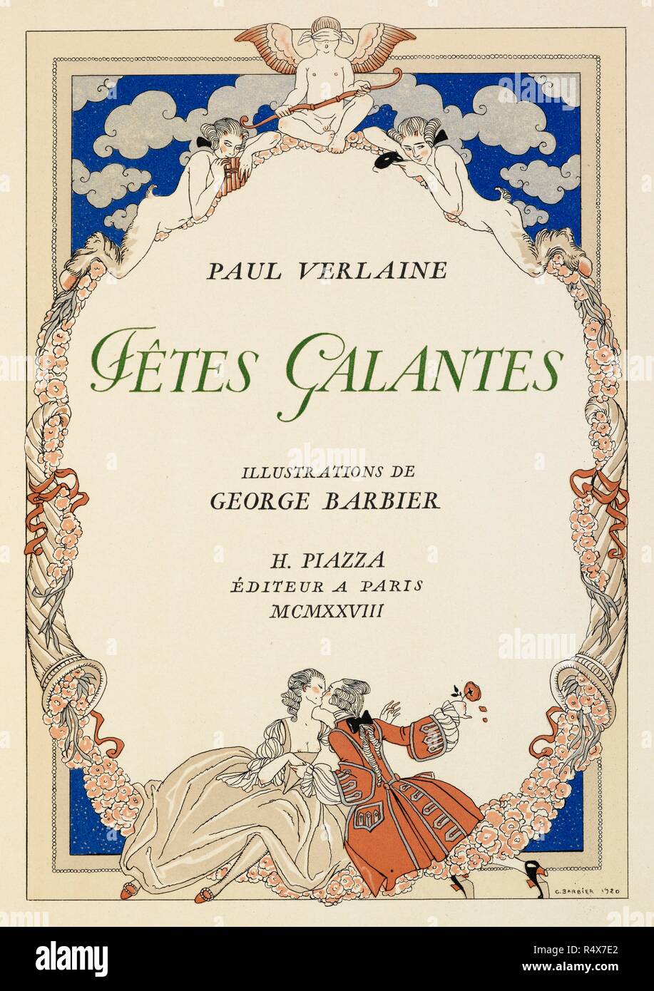 Ein Mann und eine Frau küssen. FÃªtes galantes. [PoÃ¨mes]. Abbildungen de George Barbier. Paris: H. Piazza, 1928. FÃªtes Galantes ist ein Album aus Romantische Drucke des französischen Lebens unter den oberen Klassen des 19. Jahrhunderts. Reichen Aristokraten des französischen Rechnungshofs verwendet galanten Szenen aus der Commedia dell arte €™, die aufgerufen wurden feste Galantes spielen. Die druckt Paul Verlaine Gedichte begleiten. Jedes Album enthält 20 Lithographie Drucke mit Pochoir Hervorhebung von George Barbier. Quelle: L. 45/2847, Titelseite. Sprache: Französisch. Stockfoto