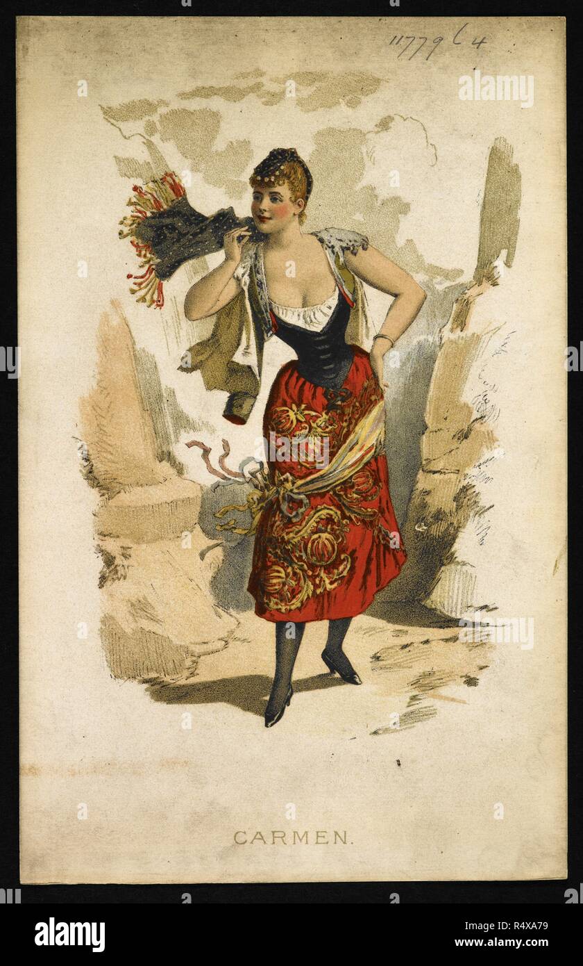 Carmen. Die Hauptfigur. Carmen bis zu Daten. Eine Erinnerung an das Gaiety Theatre. Skizzen von S. Anderson. London: Harris & Brunnen, [1890]. Farbe Abbildung. Eine musikalische Leistung. Quelle: 11779 l4. Sprache: Englisch. Thema: Percy Anderson. Stockfoto