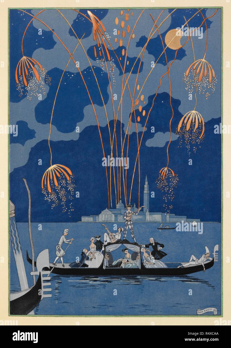 En bateau. Feuerwerk in Venedig. Personen in einer Gondel. FÃªtes galantes. [PoÃ¨mes]. Abbildungen de George Barbier. Paris: H. Piazza, 1928. FÃªtes Galantes ist ein Album aus Romantische Drucke des französischen Lebens unter den oberen Klassen des 19. Jahrhunderts. Reichen Aristokraten des französischen Rechnungshofs verwendet galanten Szenen aus der Commedia dell arte €™, die aufgerufen wurden feste Galantes spielen. Die druckt Paul Verlaine Gedichte begleiten. Jedes Album enthält 20 Lithographie Drucke mit Pochoir Hervorhebung von George Barbier. Quelle: L. vor 45/2847, Seite 55. Sprache: Französisch. Stockfoto