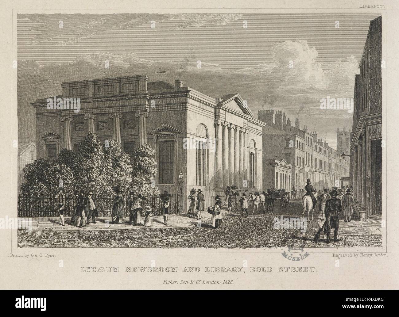 Abbildung: Lancashire street Szene mit einem klassischen Gebäude, und die Straße. Das Lyceum und eine Bibliothek. . Lancashire, dargestellt in einer Reihe von Ansichten. London. Von Originalzeichnungen von S. Austin, Harwood, Pyne, &c., &c. Auf Stahl von R.Wallis graviert, und unter seiner Leitung. Mit Historischen und Topographischen Beschreibungen von W. H. Pyne, Esqre, D. Wylie, &c., &c. William Henry Pyne. 1831. Quelle: 563. d.7 19. Sprache: Englisch. Stockfoto