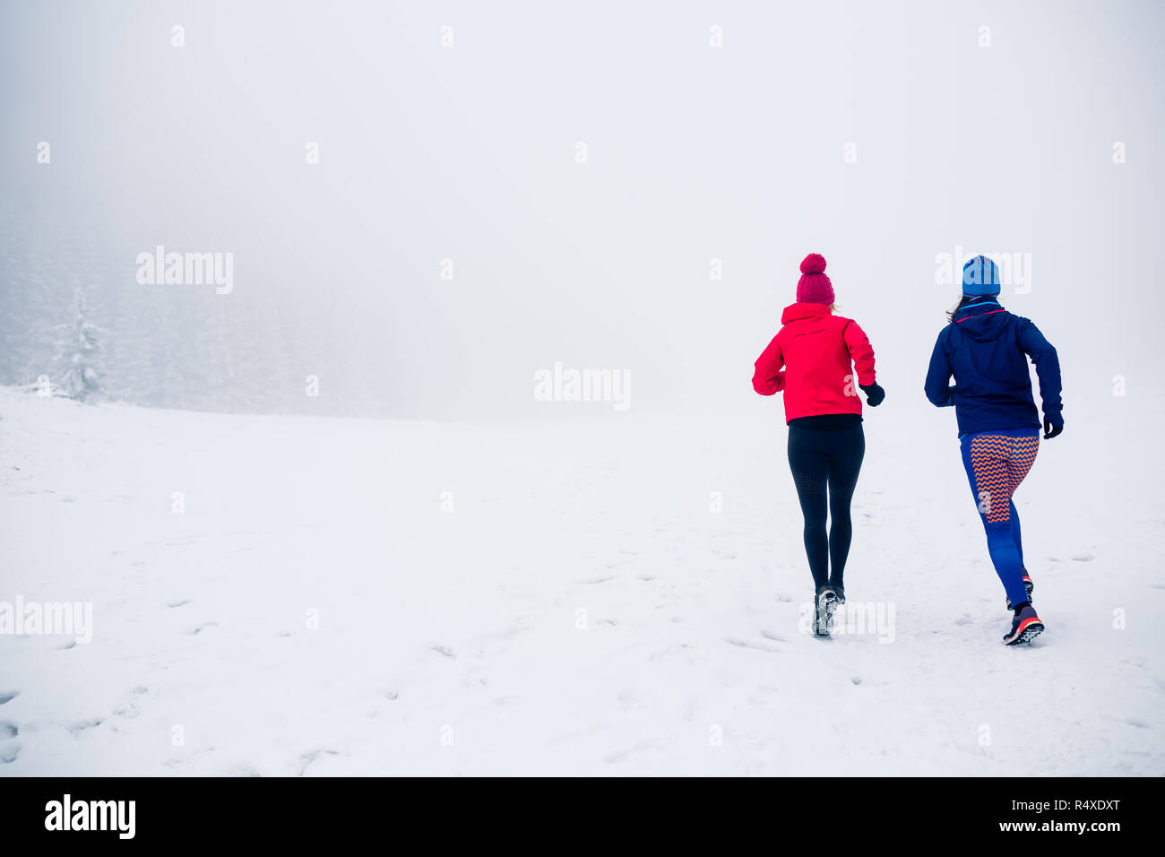 Mädchen zusammen Laufen auf Schnee im Winter Berge. Sport, Fitness Inspiration und Motivation. Zwei Frauen Partner Trail Running in Berge, Winter d Stockfoto