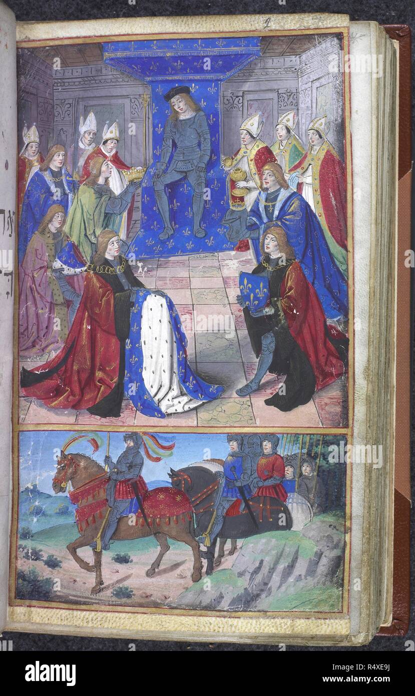 Der Erbe des Königs von Frankreich mit den Attributen seiner Funktion (der Krone, Helm, der Mantel, Schwert, Fleur de Lis etc.) durch die Bischöfe und Würdenträger vorgelegt wird. Krönung oder Zeremonie. Montiert Kavallerie Ritter zu Pferd, in der unteren Grenze. . Meister der Chronique scandaleuse. Frankreich um 1500. Quelle: Harley 200 f 2. Stockfoto