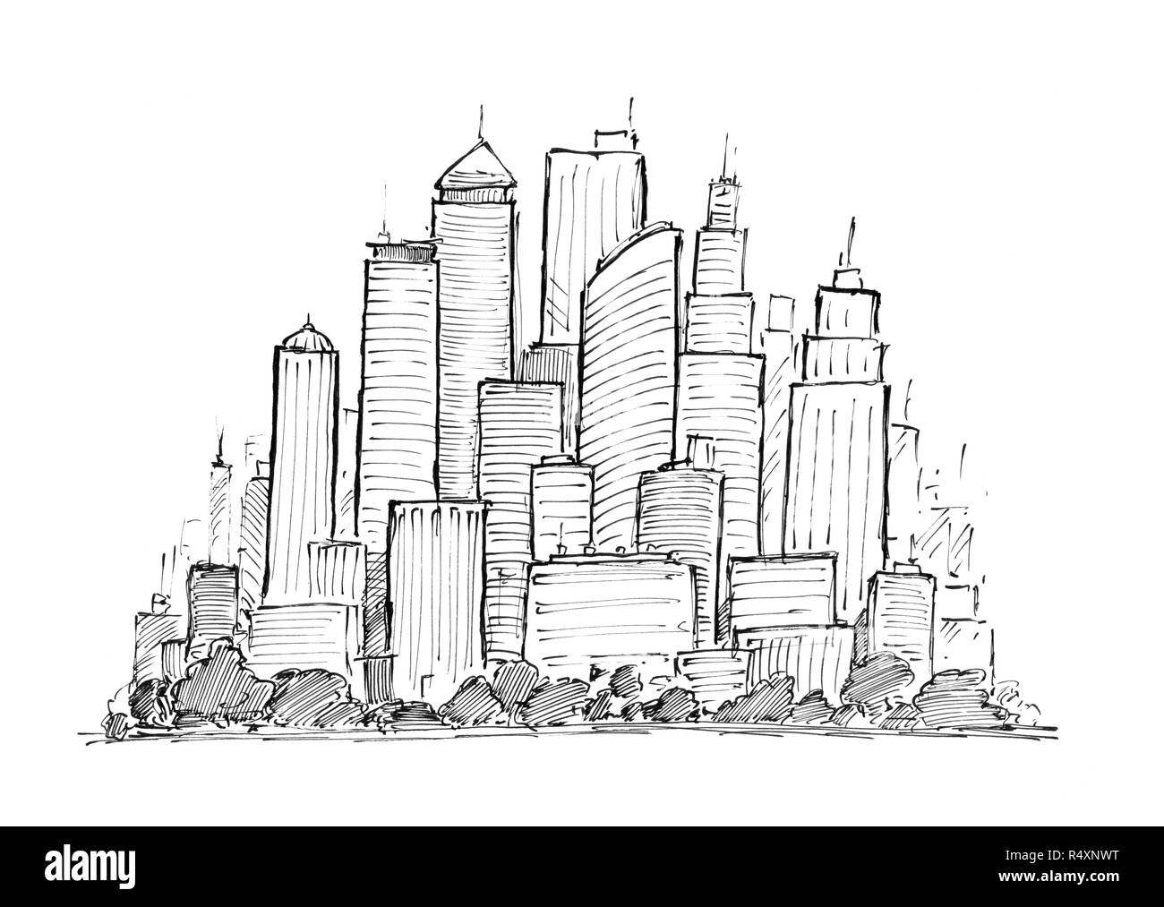 Schwarze Tinte Handzeichnung von generischen Stadt Hochhaus Wolkenkratzer das Stadtbild mit Gebäuden Stockfoto